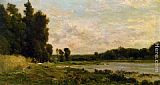 Daubigny Paintings - Washerwoman by the River by Charles-Francois Daubigny